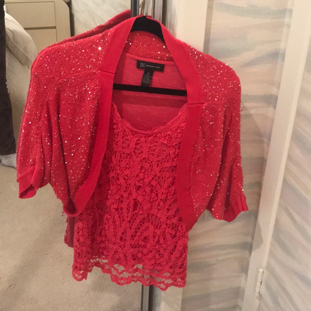 INC pink top with sequin shrug over it !